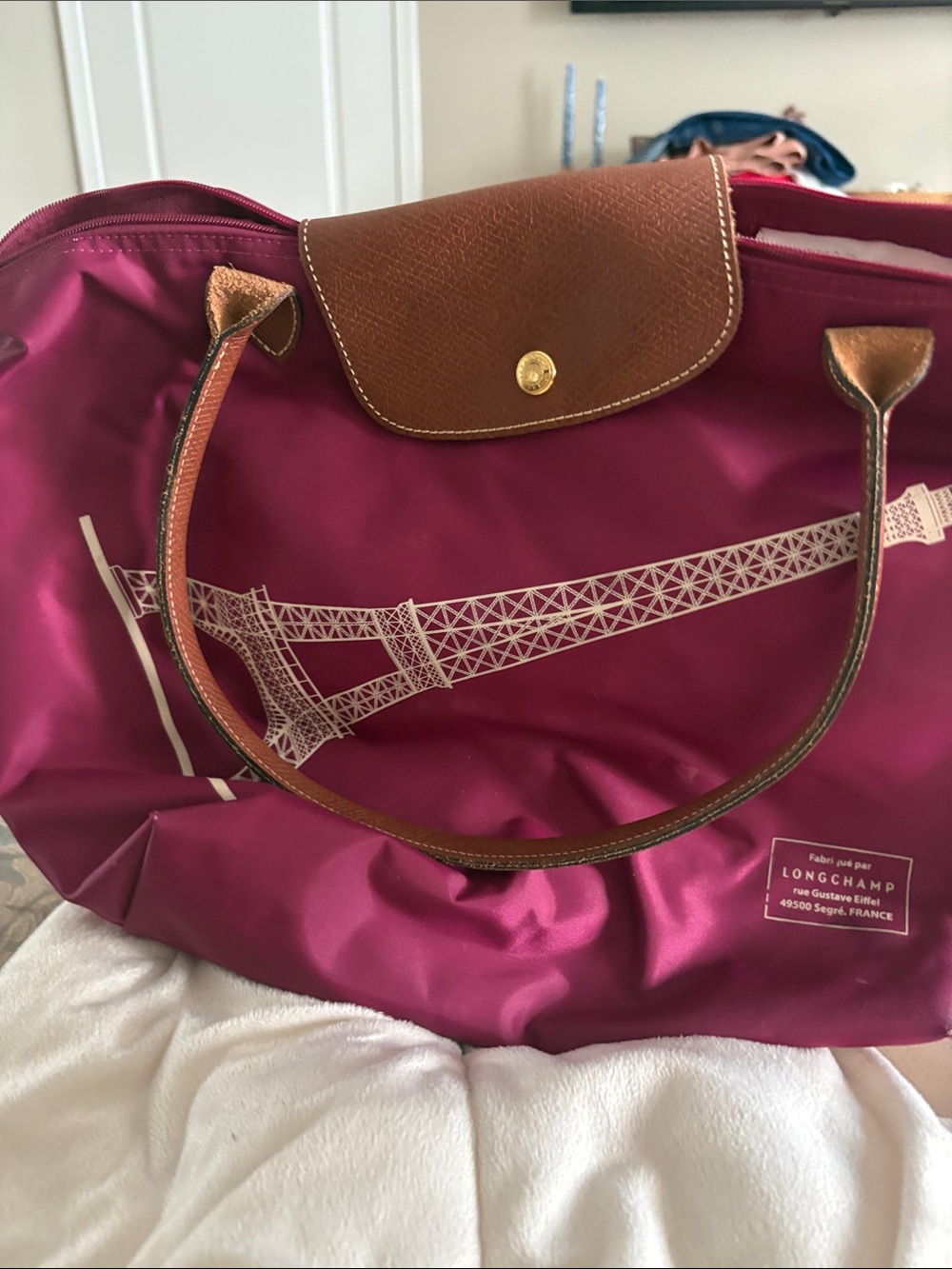 Longchamp Magenta Tote with Brown Leather Trim and Eiffel Tower Print